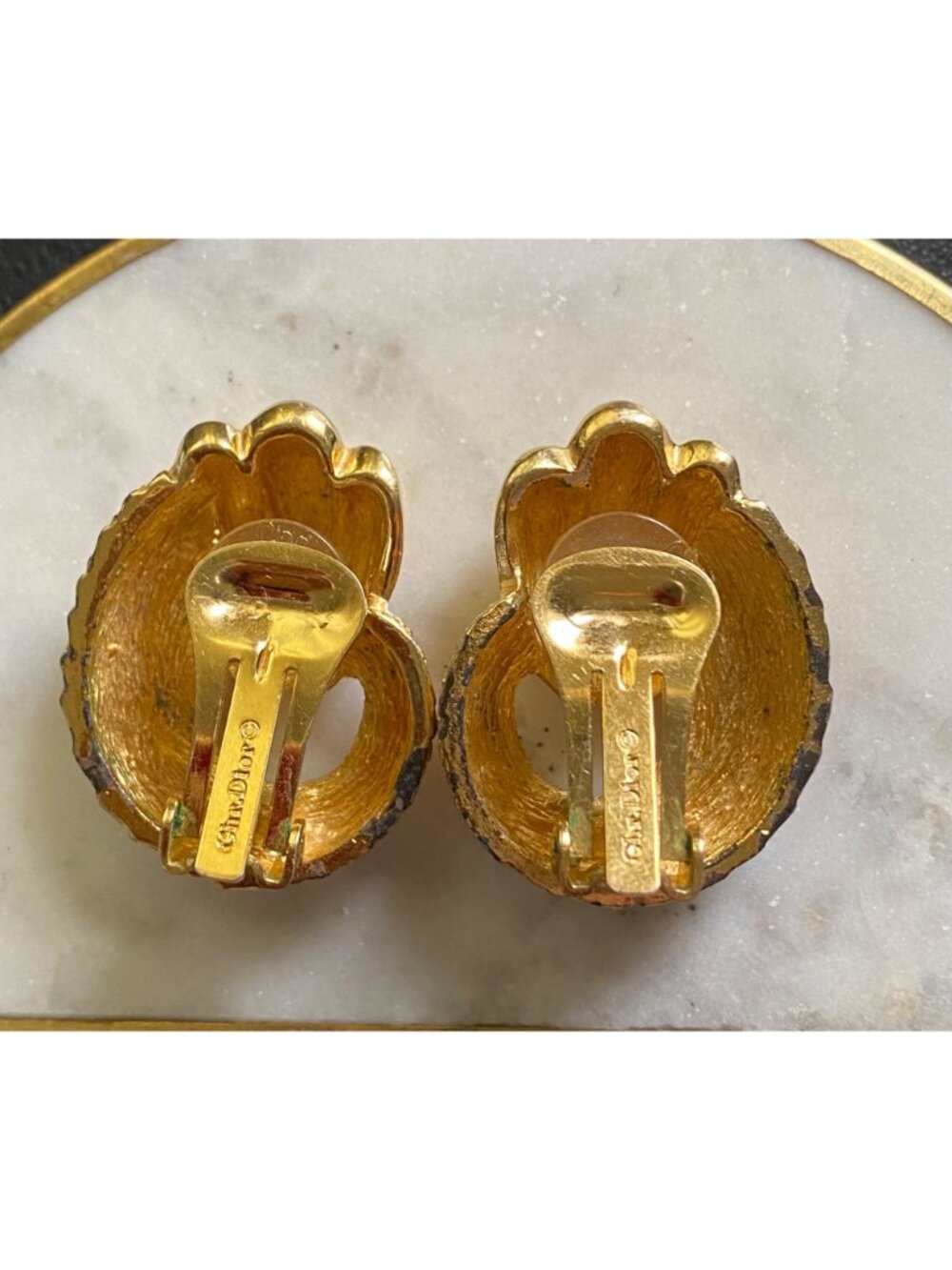 Christian Dior Vintage Gold-Tone Textured Clip-On Earrings - Picture 2 of 8